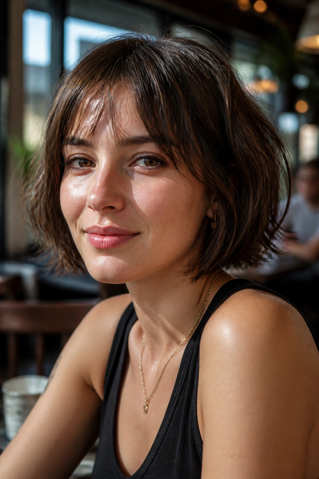 Portrait of a woman with a textured French bob and airy fringe.