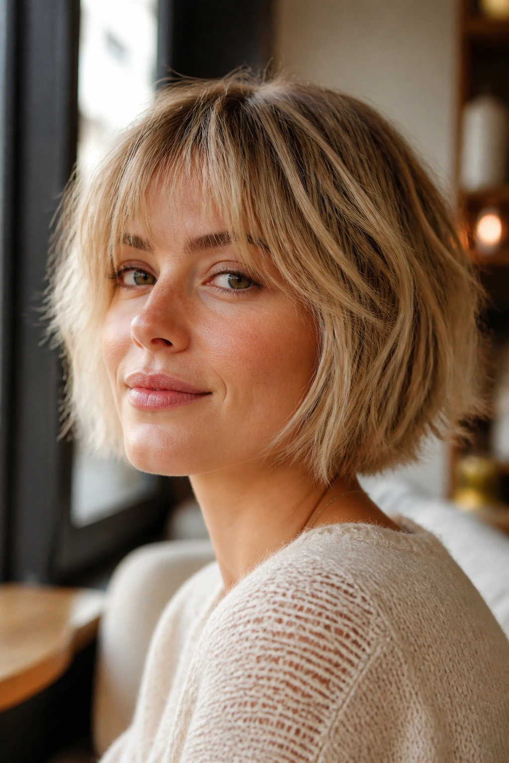 Close-up of textured French bob with wispy bangs on a real person.