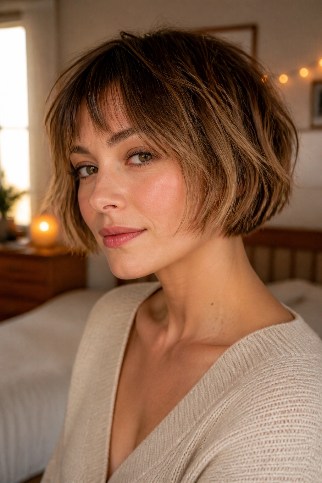 Close-up portrait of a woman with a textured French bob and broken fringe in warm window light.