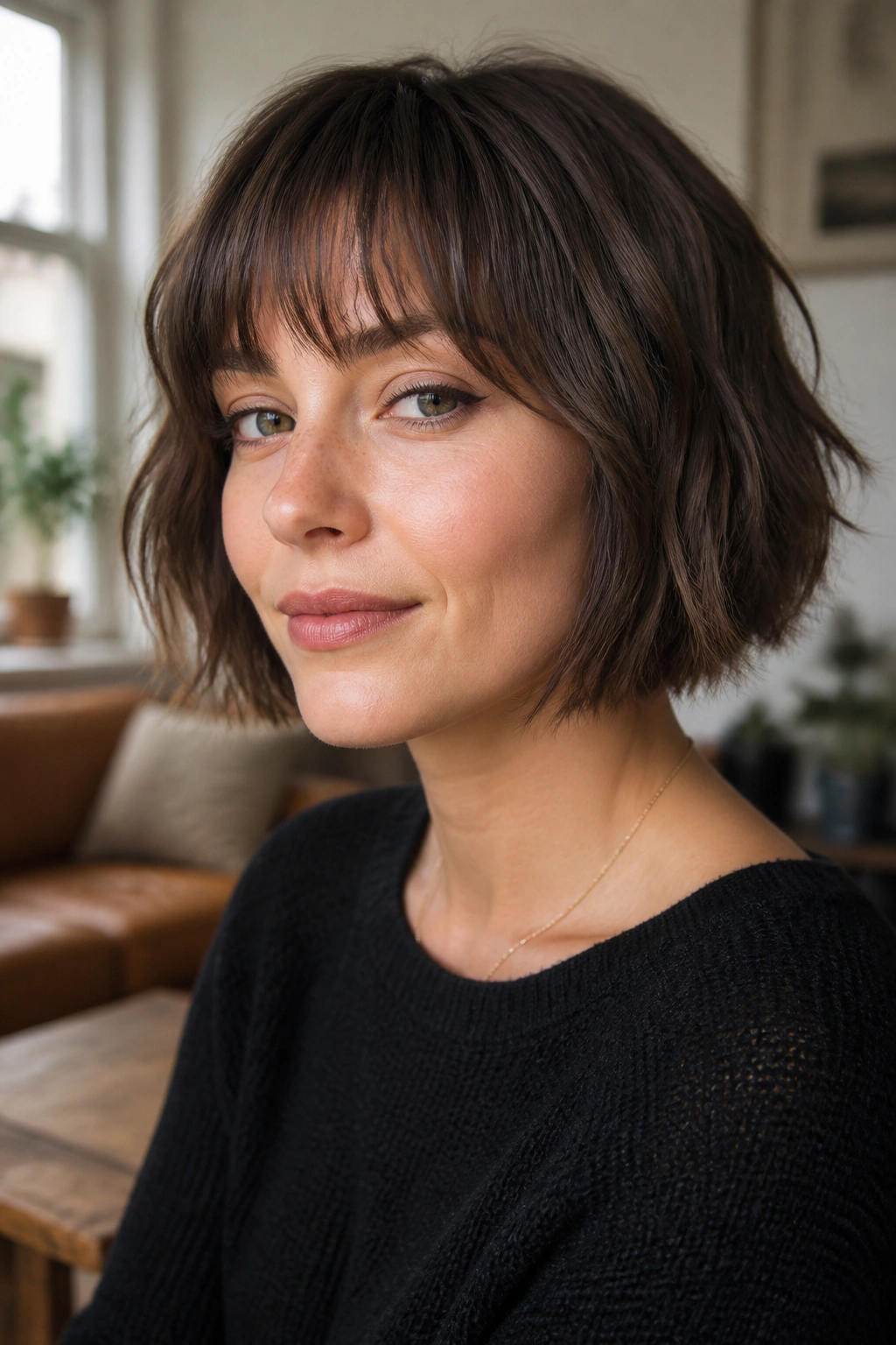 Close-up of a real woman with a textured French bob and light fringe skimming the forehead