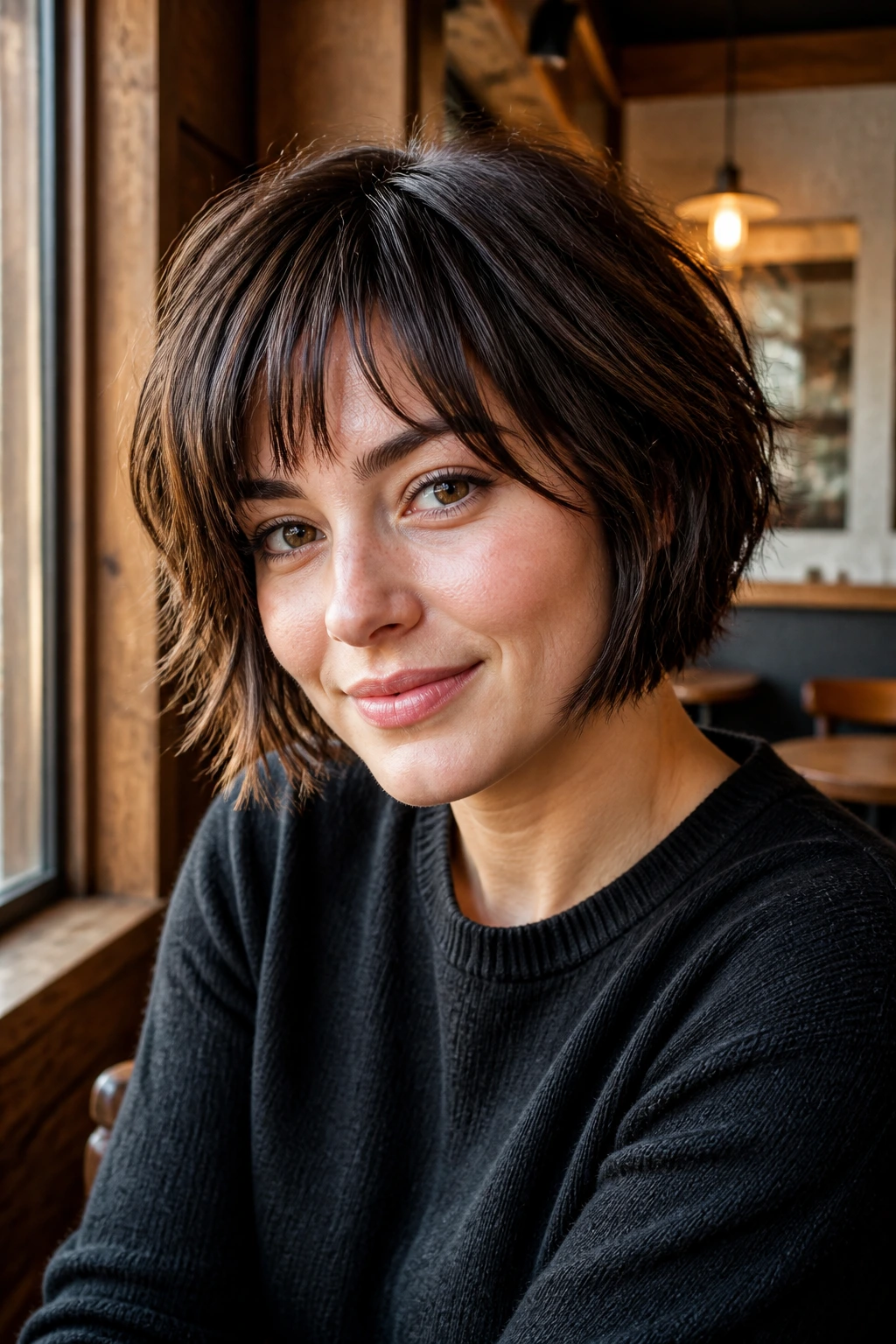Portrait of a real woman with a textured French bob and piecey fringe