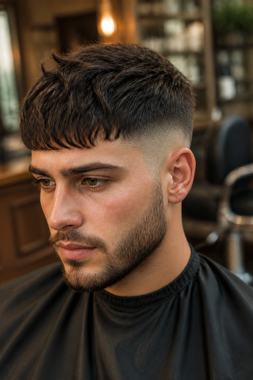 Close-up of a man with a textured French crop, forward fringe and tapered sides in barbershop lighting