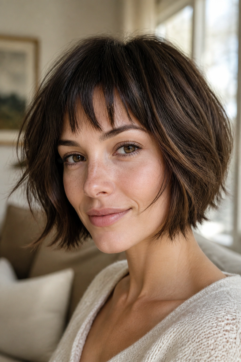 Close-up of a real woman with a textured fringe bob and broken-up fringe.