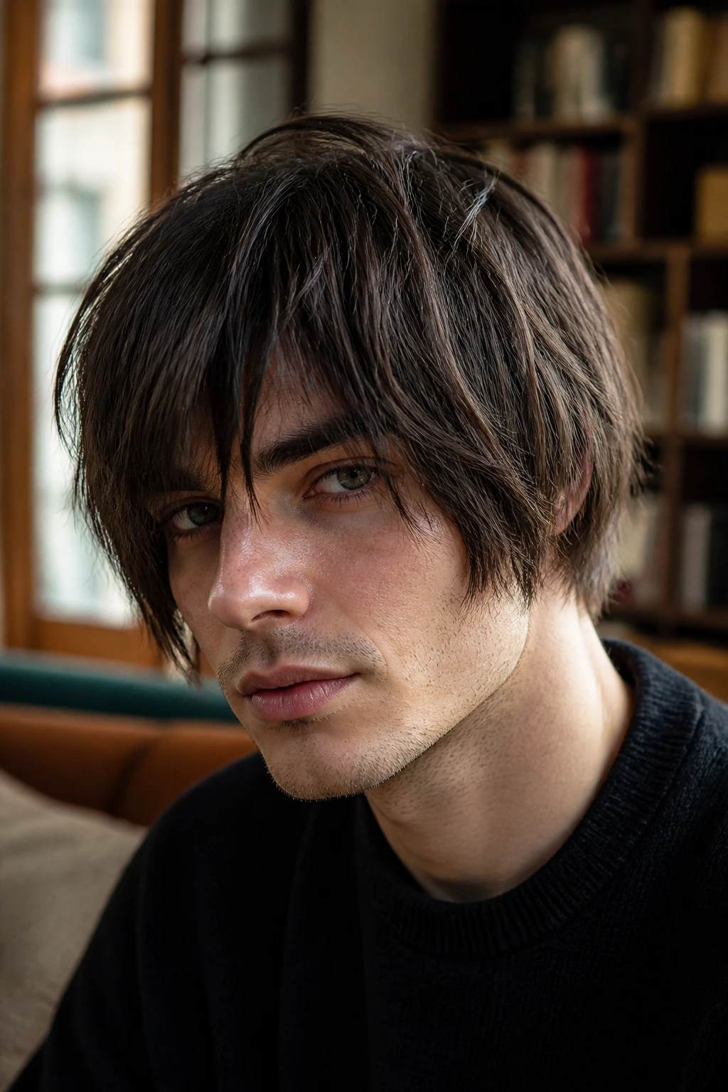 Close-up portrait of a man with Textured Fringe Inverted Bob highlighting choppy fringe and forward-sitting front
