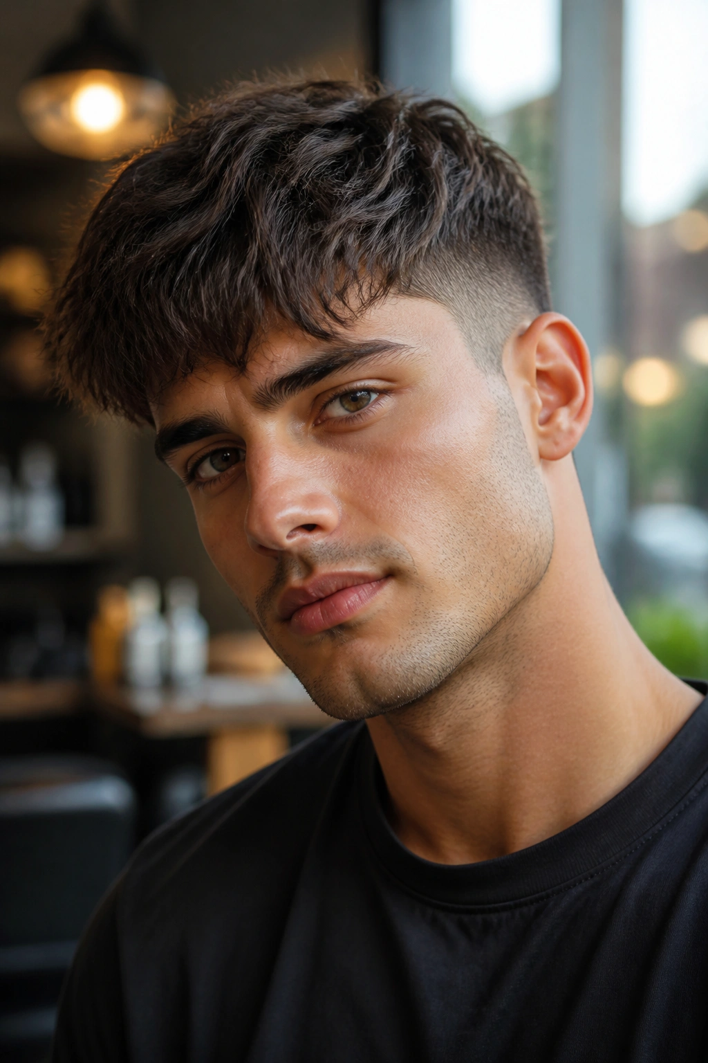 Close-up of a man with forward-textured fringe and mid taper