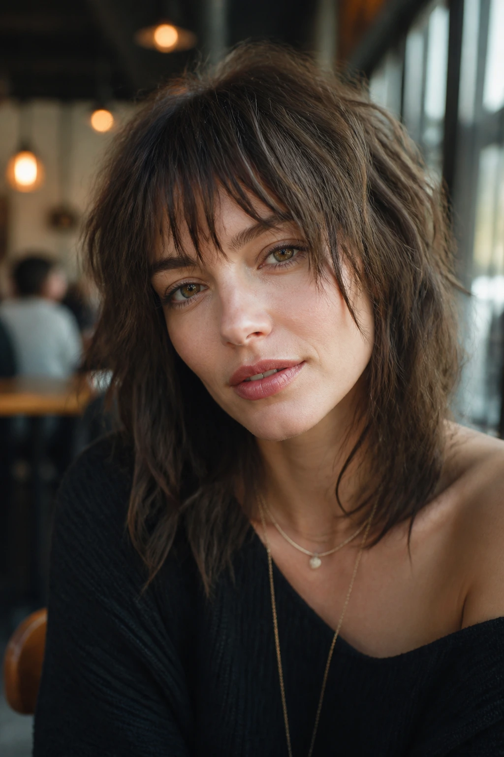 Close-up of a woman with textured piecey fringe and uneven ends