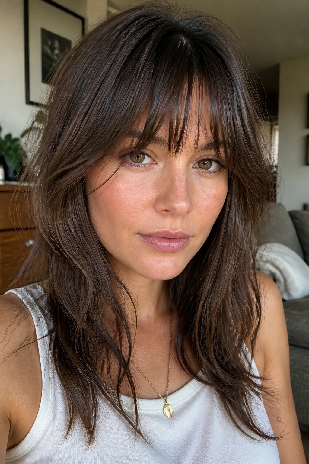 Close-up portrait of a real woman wearing textured fringe with tapered temples