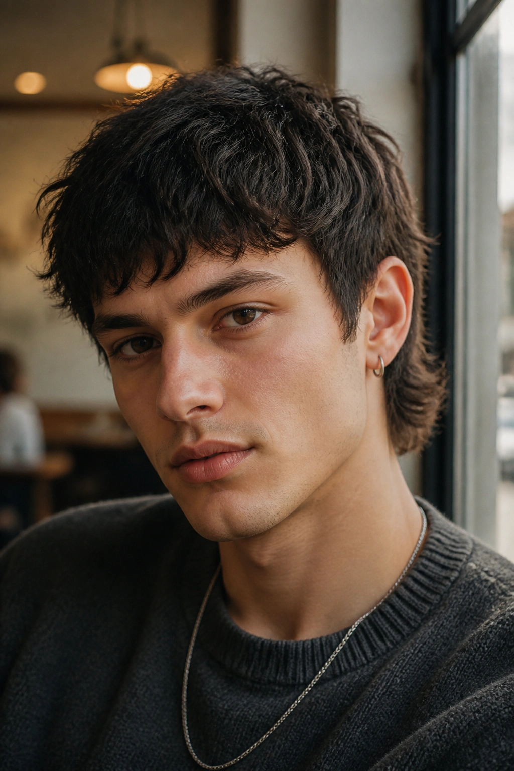 Close-up portrait of a man with a textured fringe wolf cut, eyebrow-length fringe and soft crown.