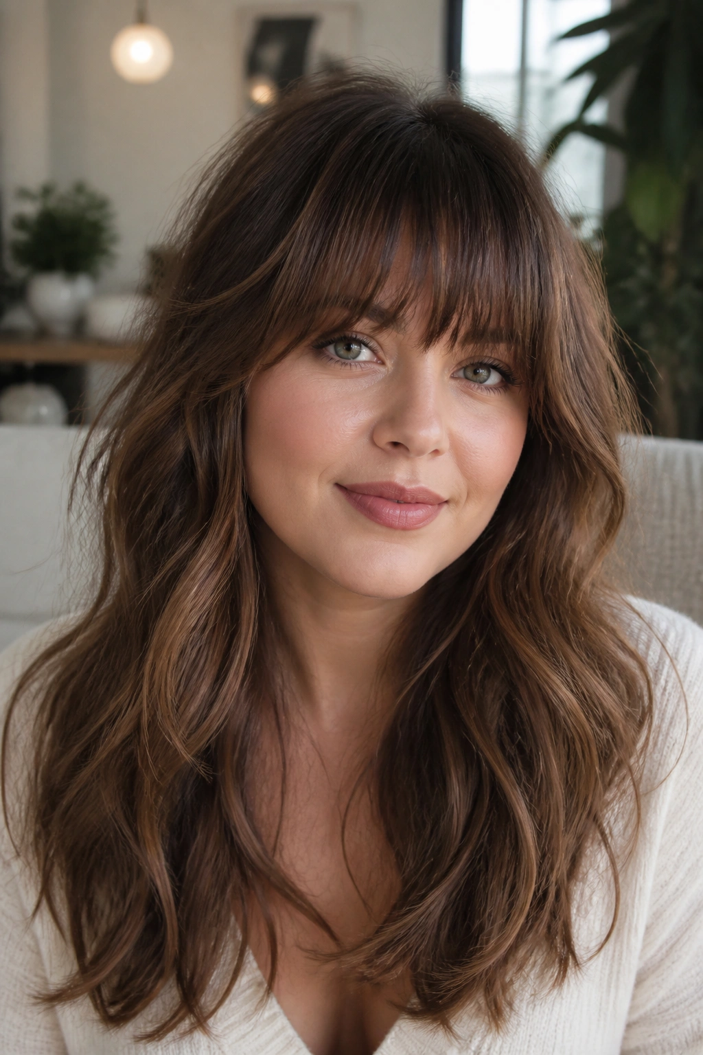 Real woman with textured full bangs in cozy living room