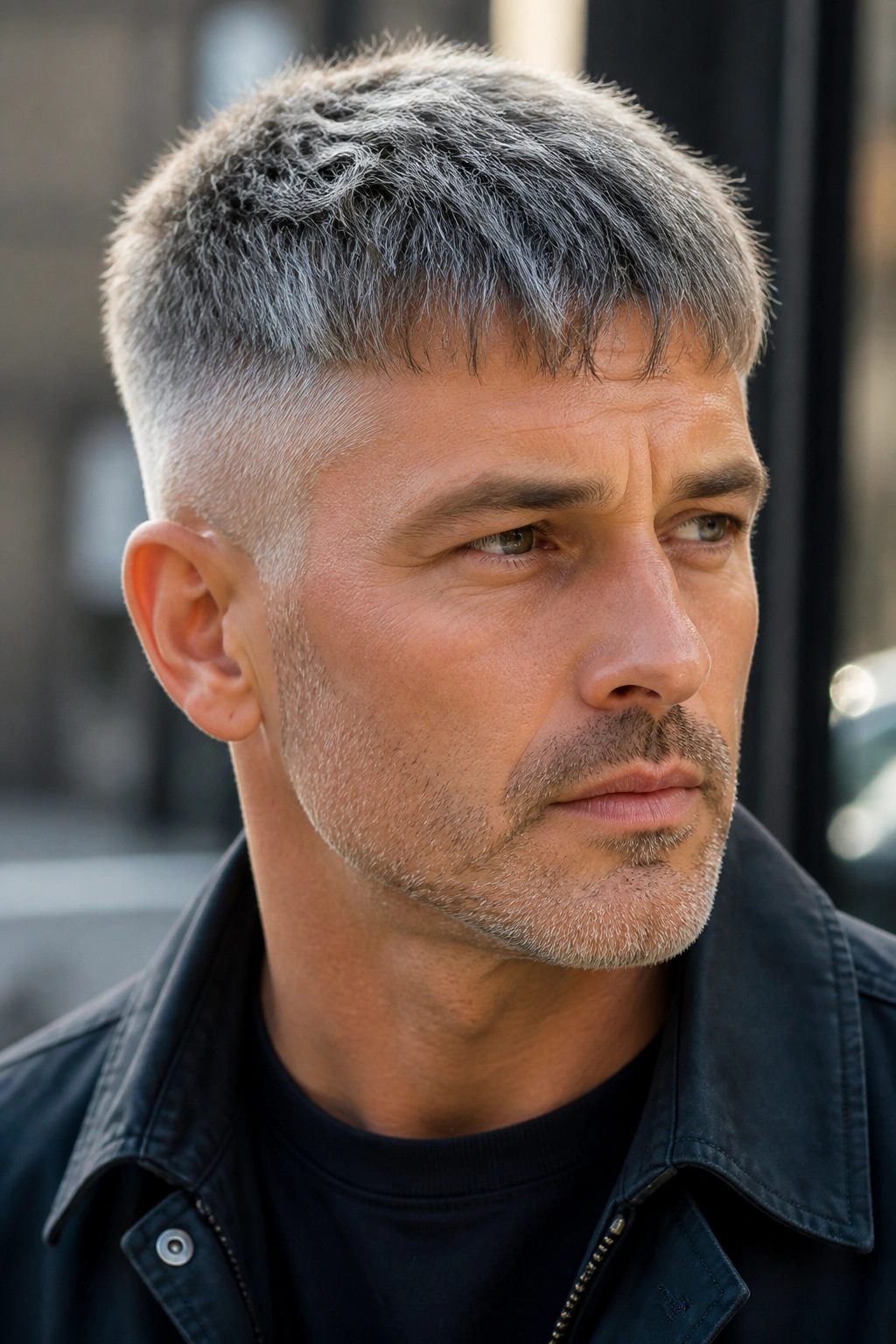 Portrait of a man with a textured grey crop outdoors