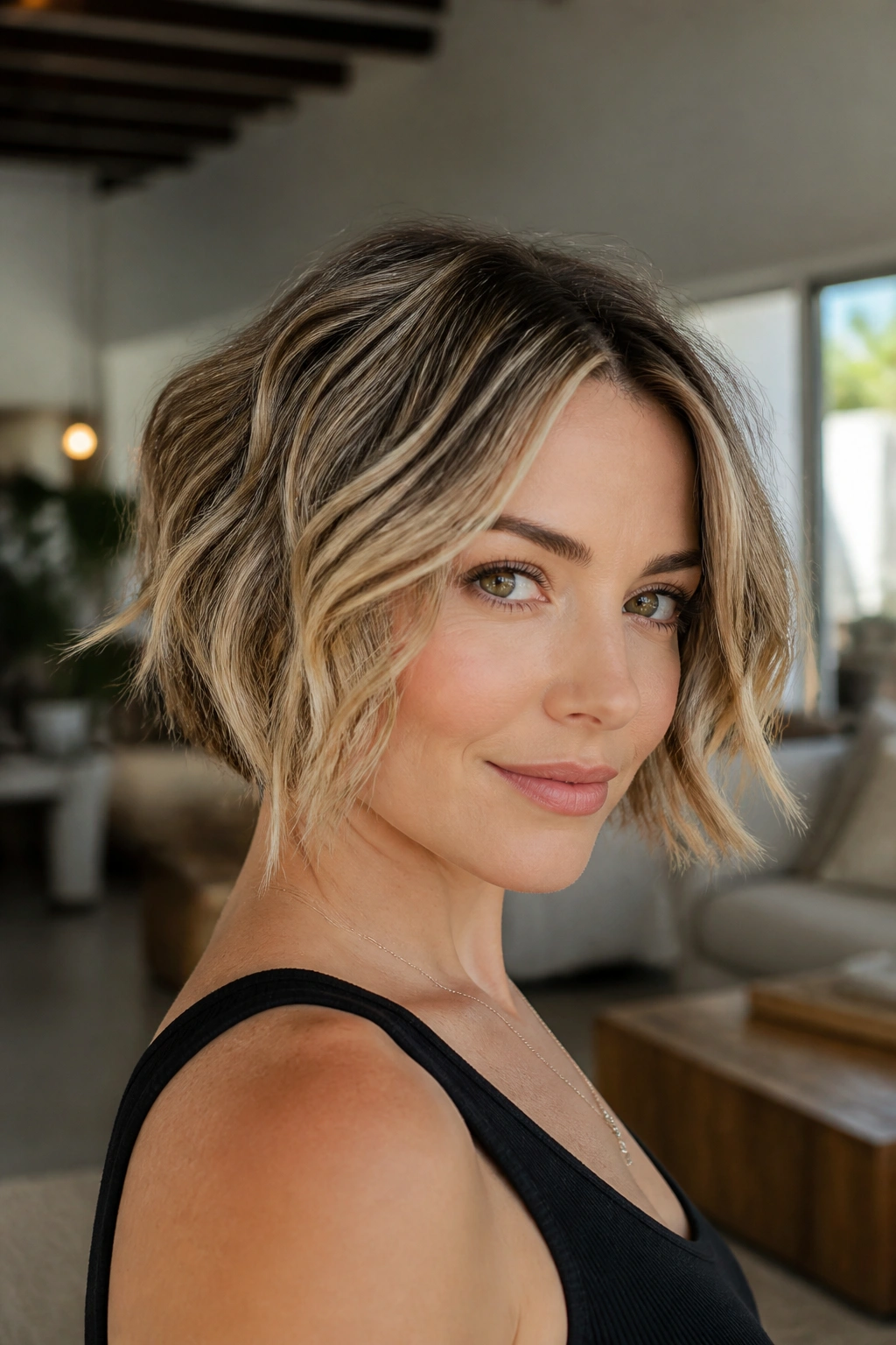 Close-up of a real woman with textured inverted bob and piecey waves