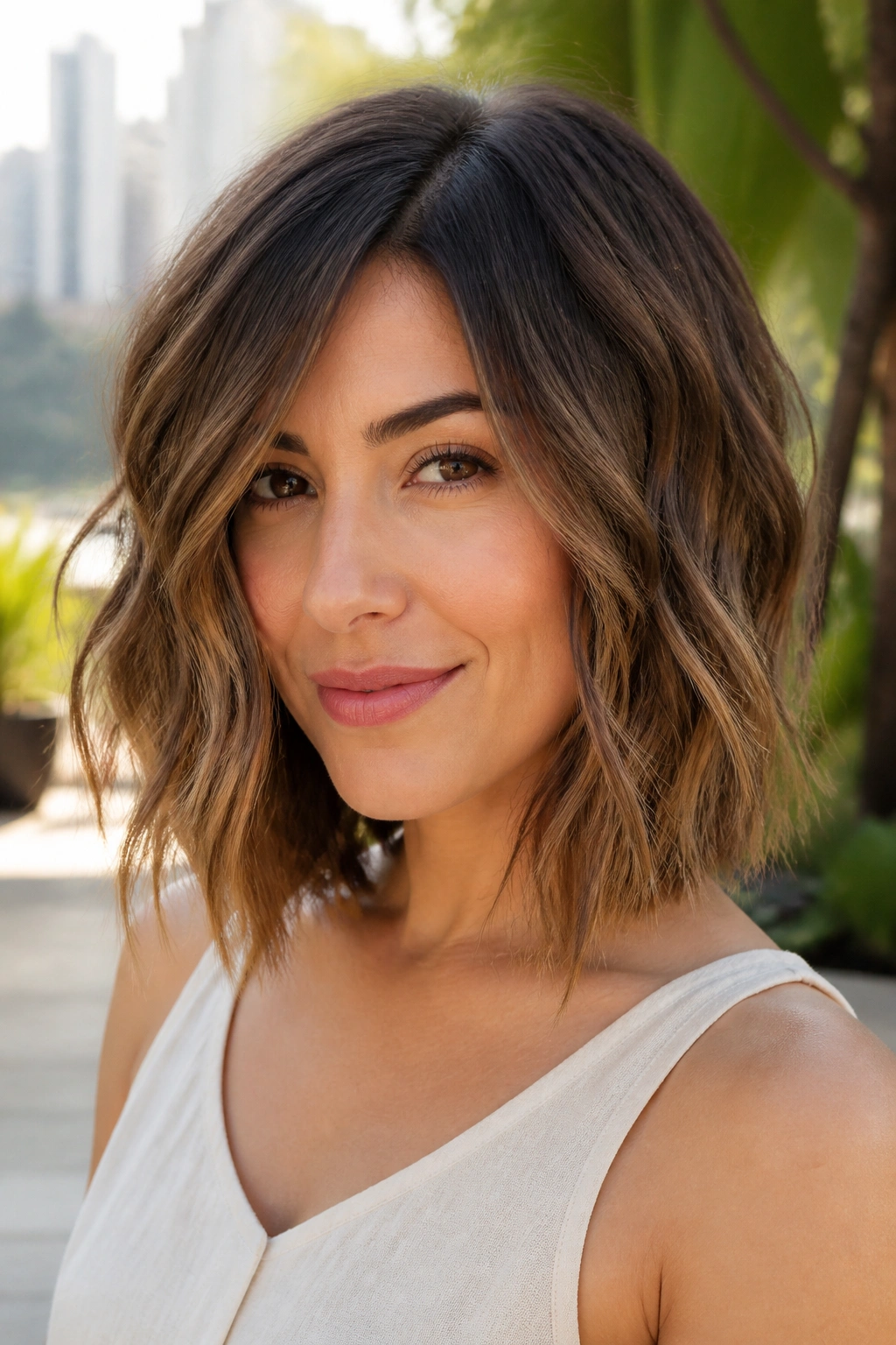 Close-up portrait of a real woman with textured inverted lob and beachy waves