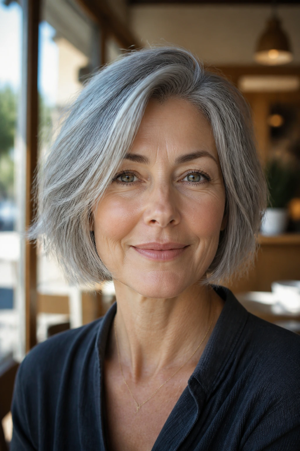 Close-up portrait of a real woman with a textured jaw-length bob on grey hair