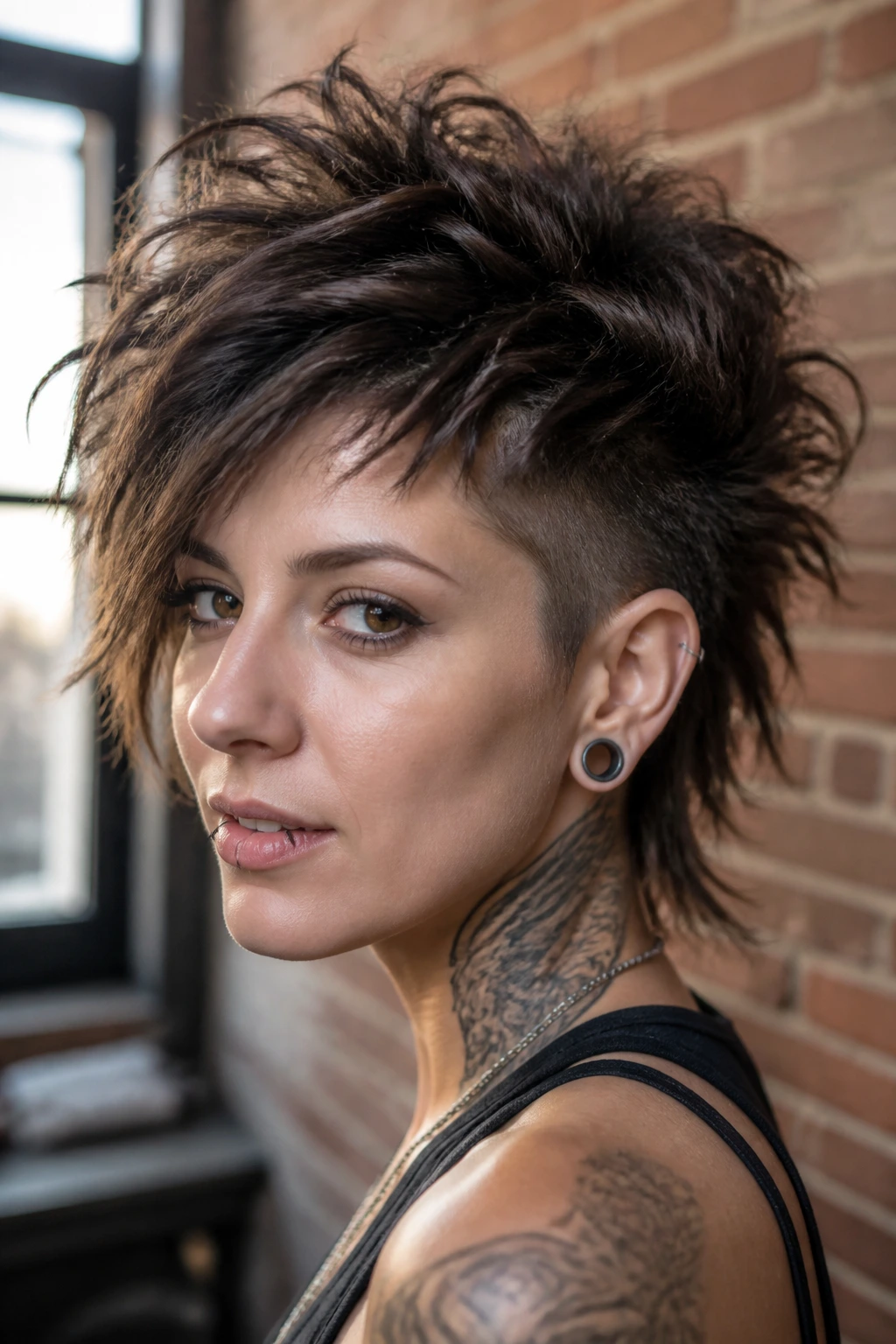 Close-up of a real person with textured messy layers Mohawk front in a sunny urban loft