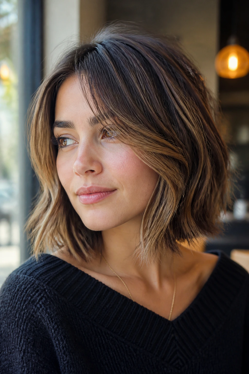 Close-up portrait of a woman with a textured lob and airy layers