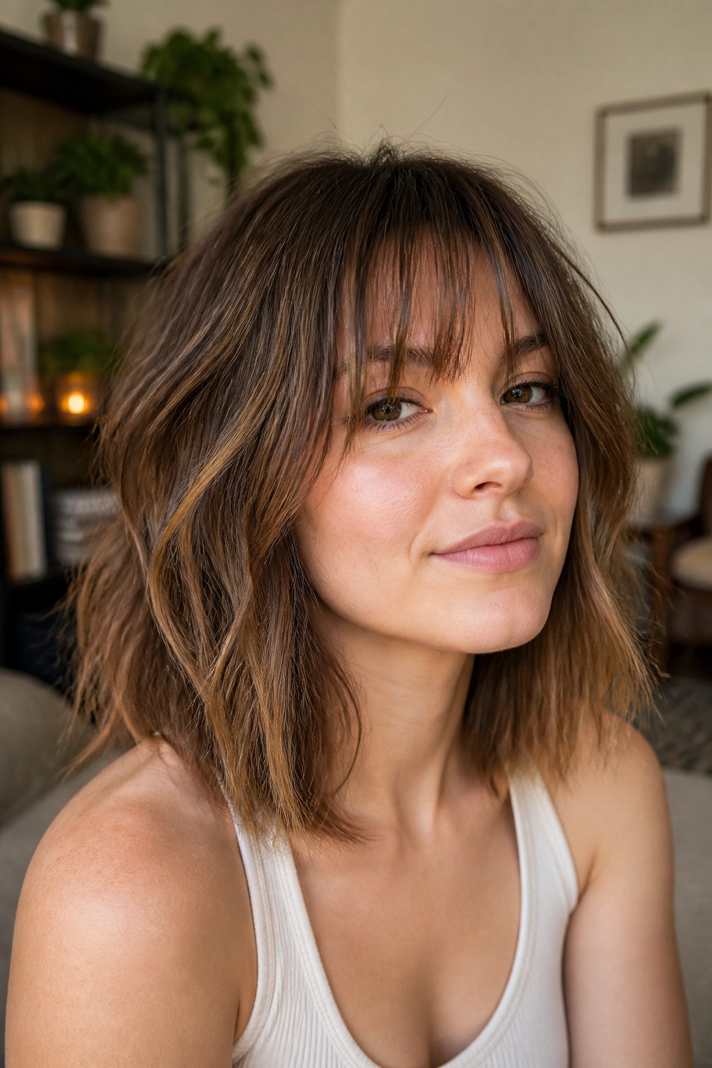 Close-up of a real person with textured lob bangs blending into shoulder-length cut
