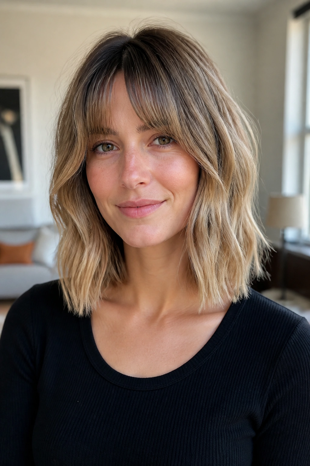 Textured lob with bottleneck bangs on a real woman, close-up portrait