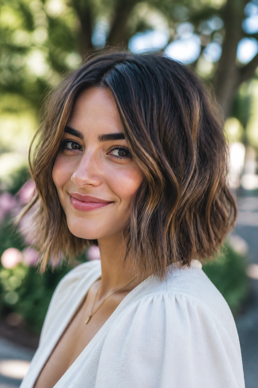 Close-up portrait of a real woman with textured lob and choppy ends