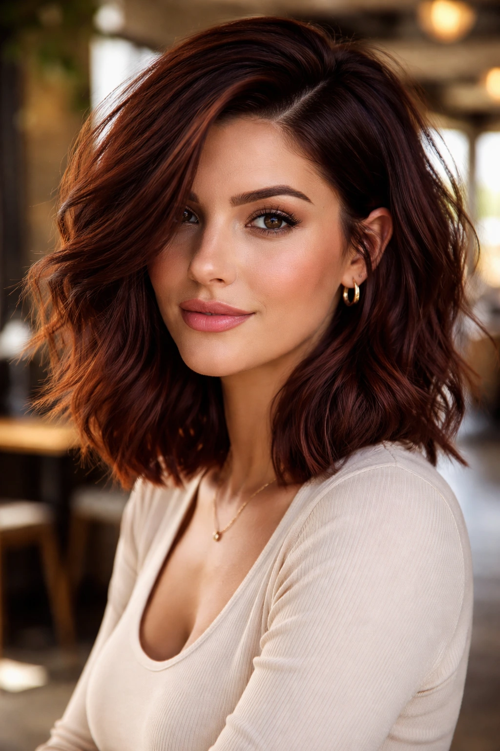 Close-up of a real woman with a textured lob and deep side part in mahogany