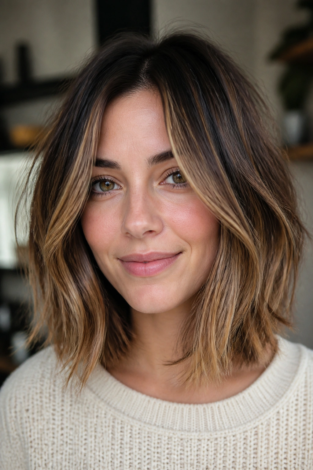 Portrait of a real woman with a textured lob and feathered ends in natural light