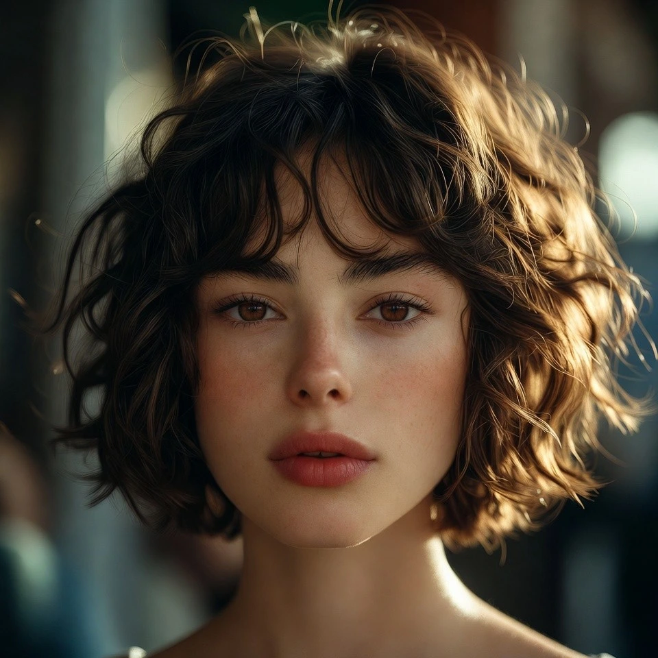 Close-up portrait of a real woman with a textured lob and split fringe