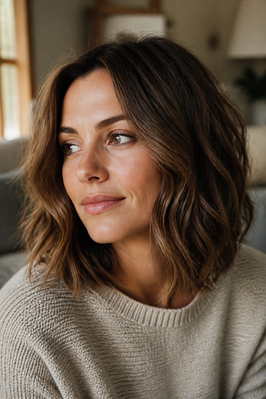 Close-up portrait of a real person with a textured lob haircut in a cozy living room.
