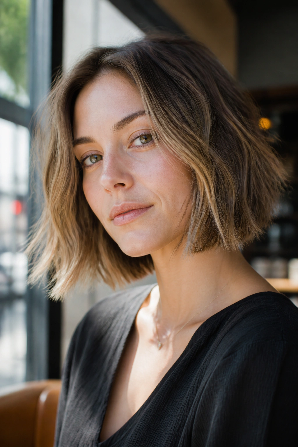 Medium close-up of a real woman with a textured lob grazing the jaw in cafe lighting.