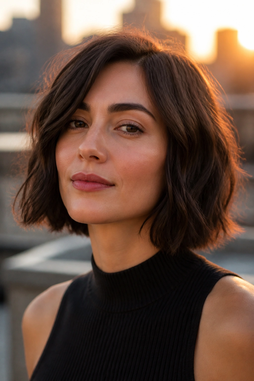 Portrait of a real woman with a textured lob skimming the jaw