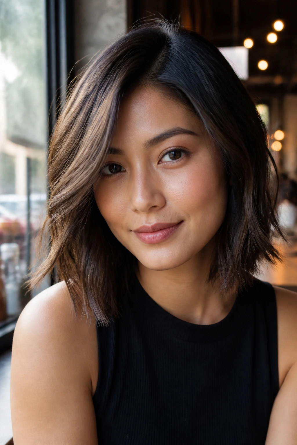 Close-up of a real person with a textured lob and off-center part.