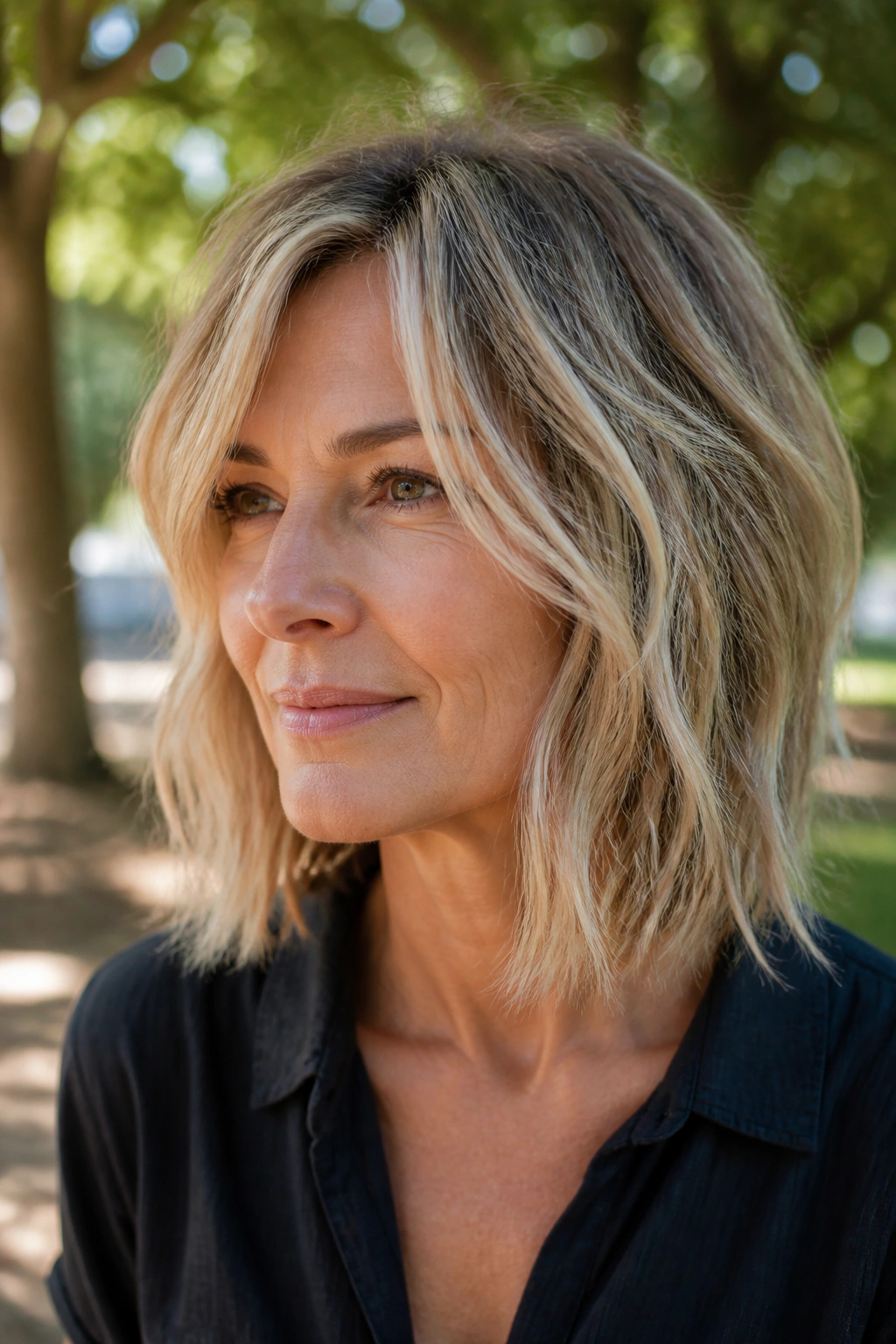 Medium close-up of a woman with textured lob and piecey ends in a park setting