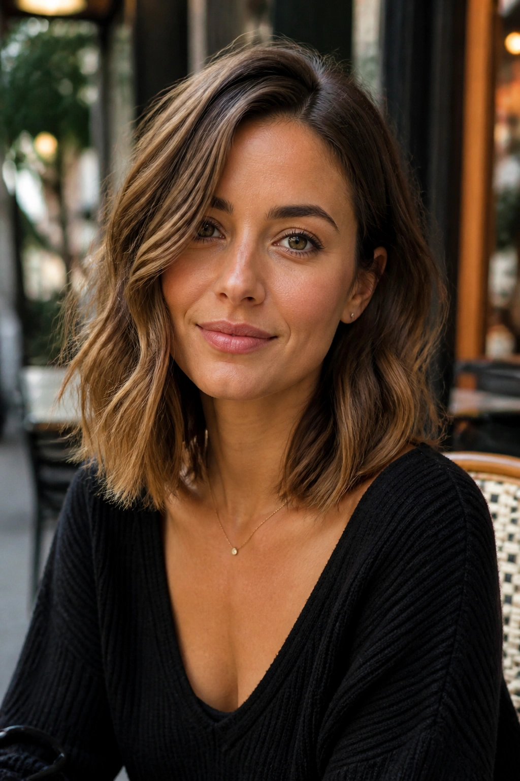 Close-up of a real woman with a textured long bob and off-center part.