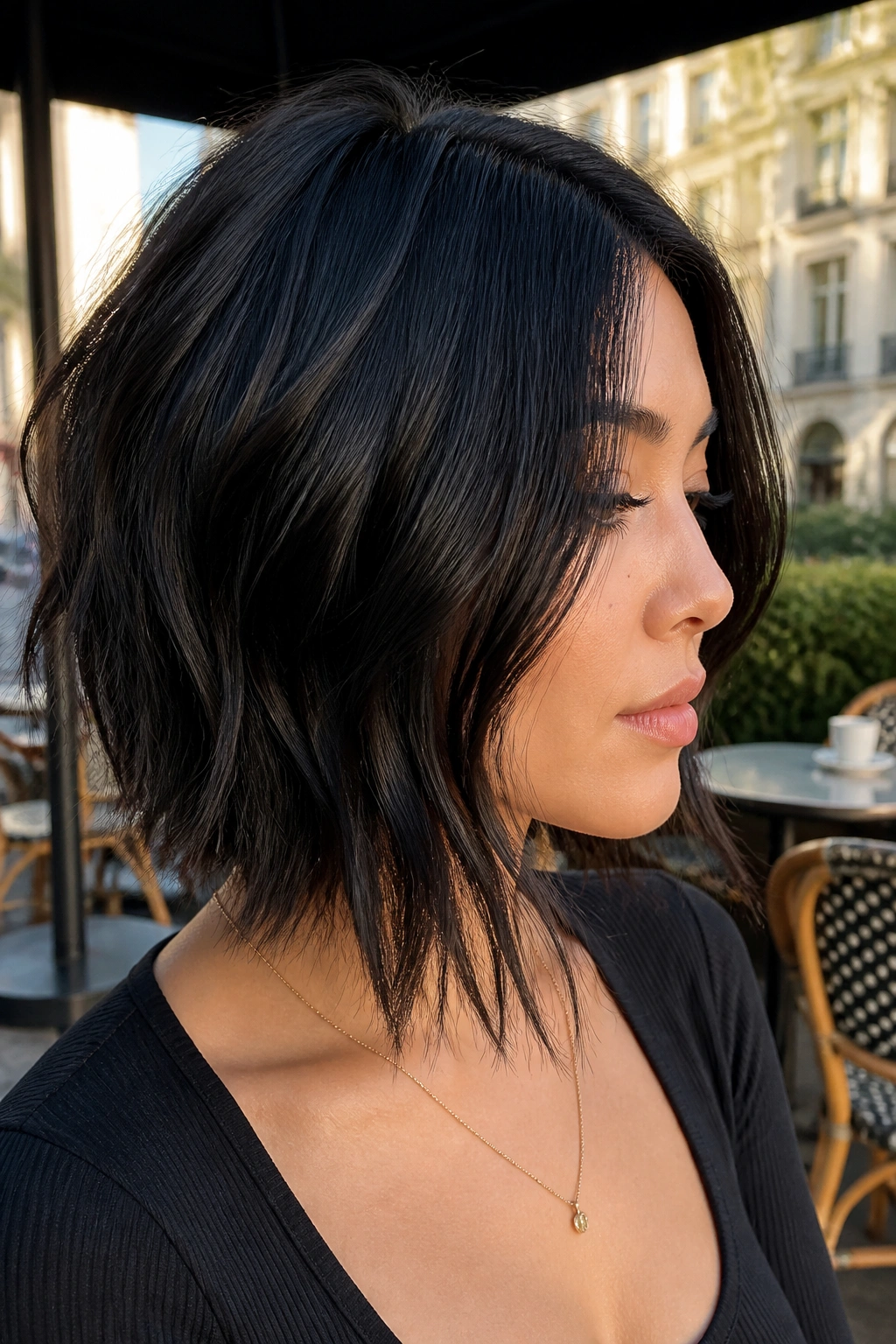 Close-up of real woman with choppy textured lob and razored ends