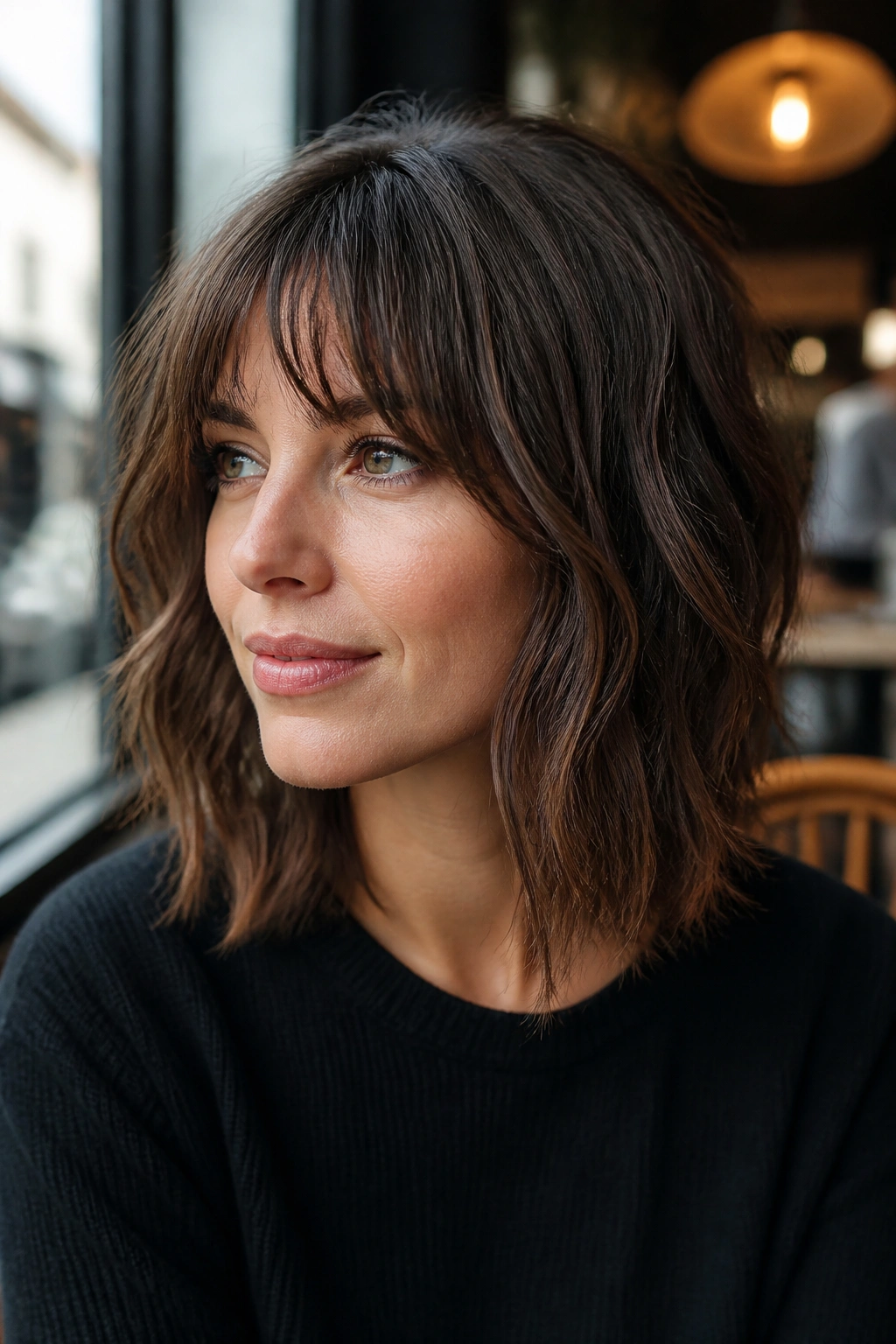 Real woman with textured lob shag at collarbone length, close-up portrait