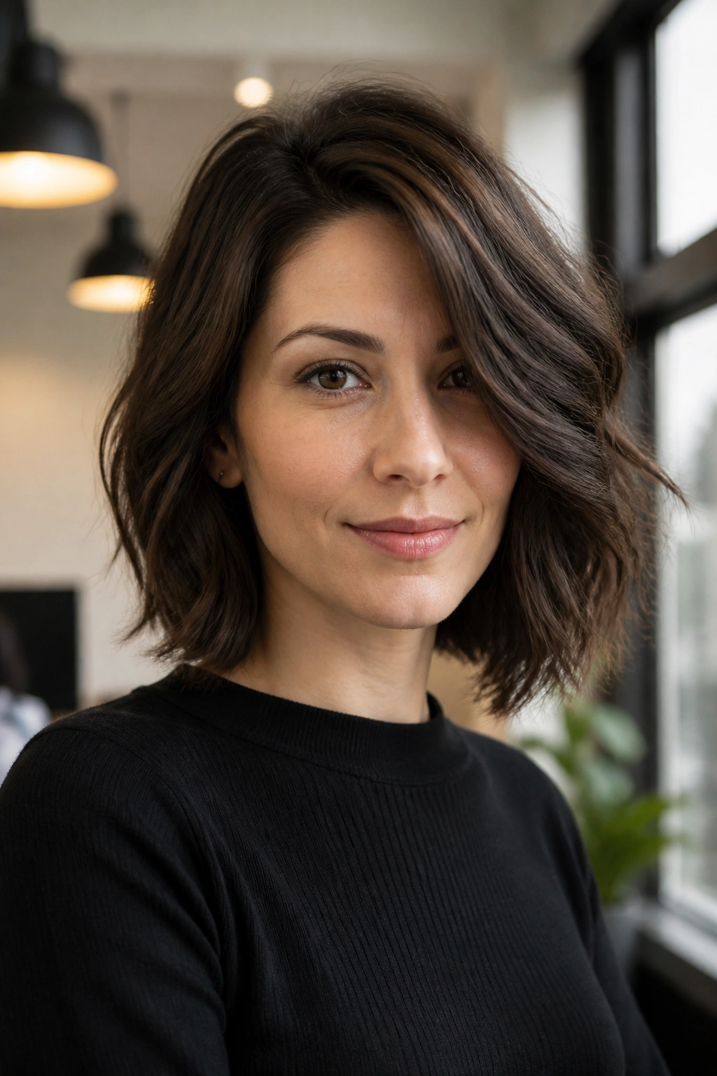 Close-up of a real woman with a side-parted textured lob