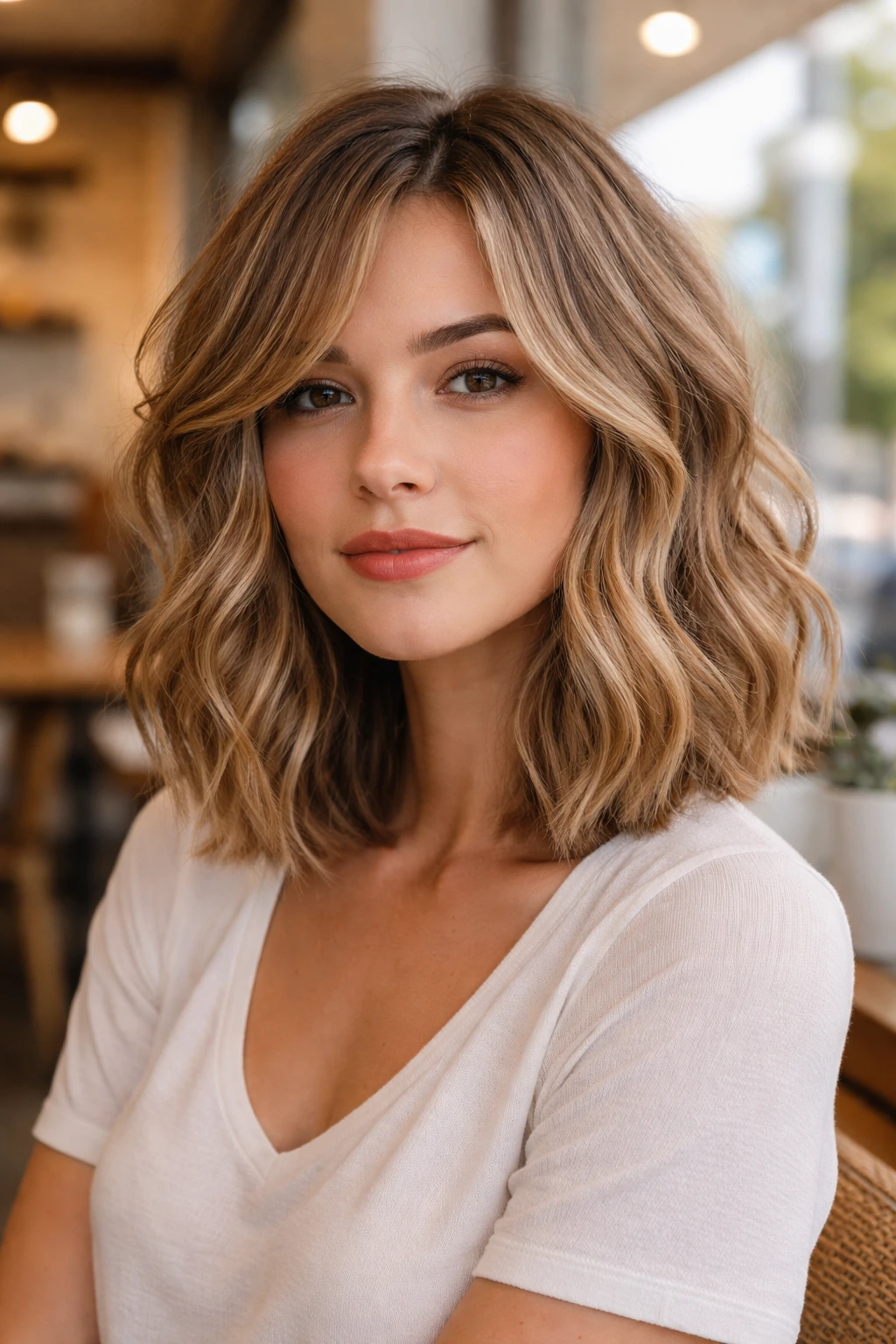 Close-up of a real woman with textured wavy lob
