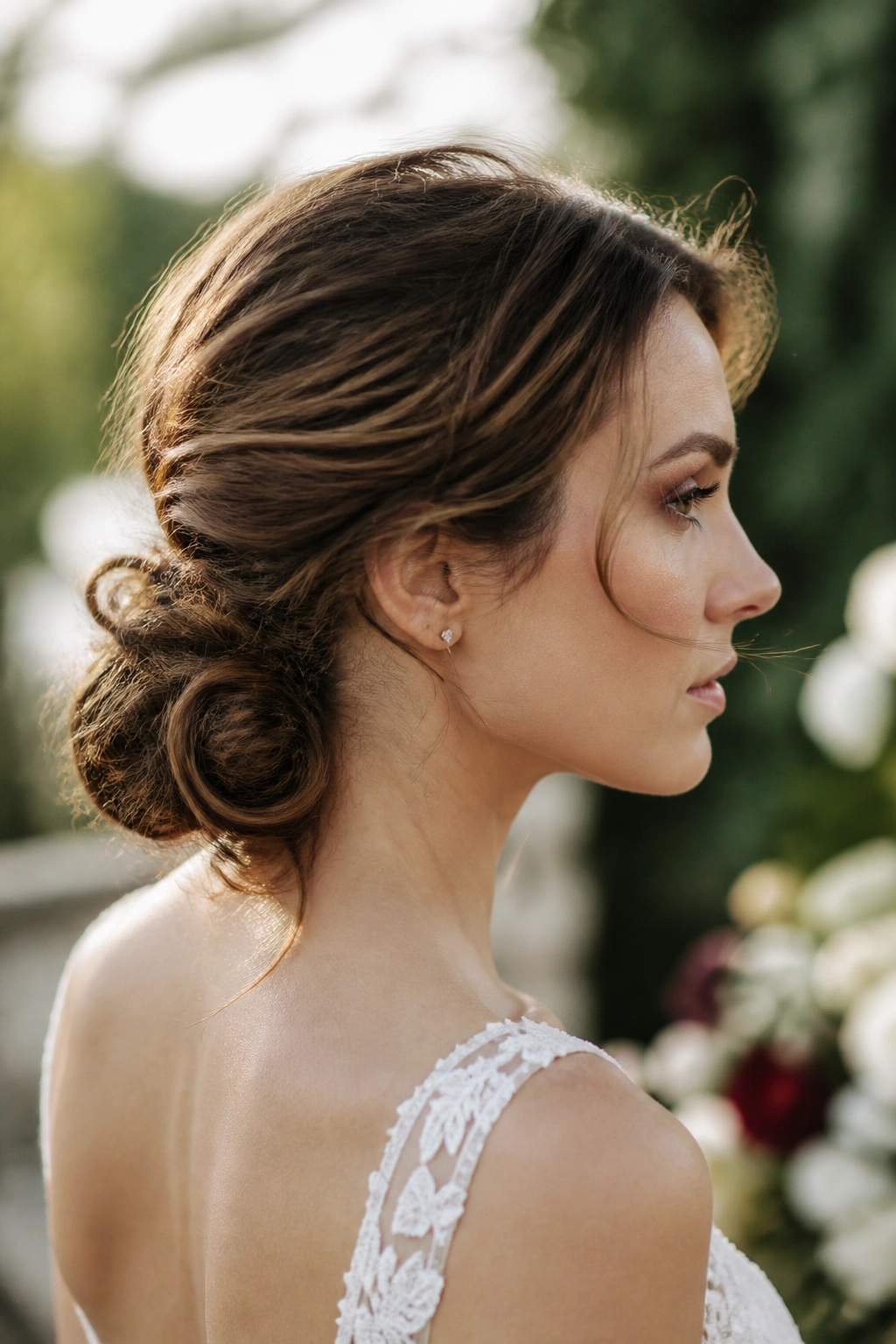 Close-up of a real woman with a textured low bun in a garden setting