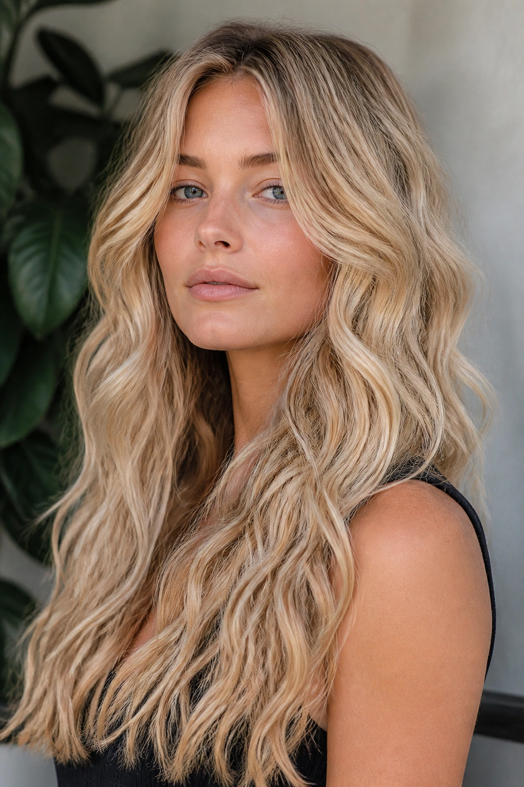 Close-up of a real woman with textured mermaid waves in long blonde hair