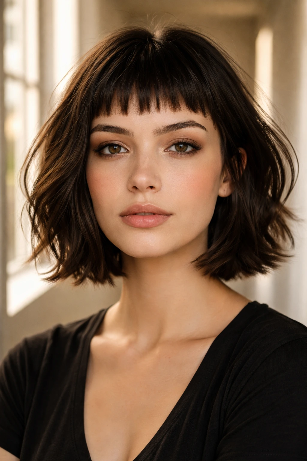 Close-up portrait of a real person with textured micro bangs