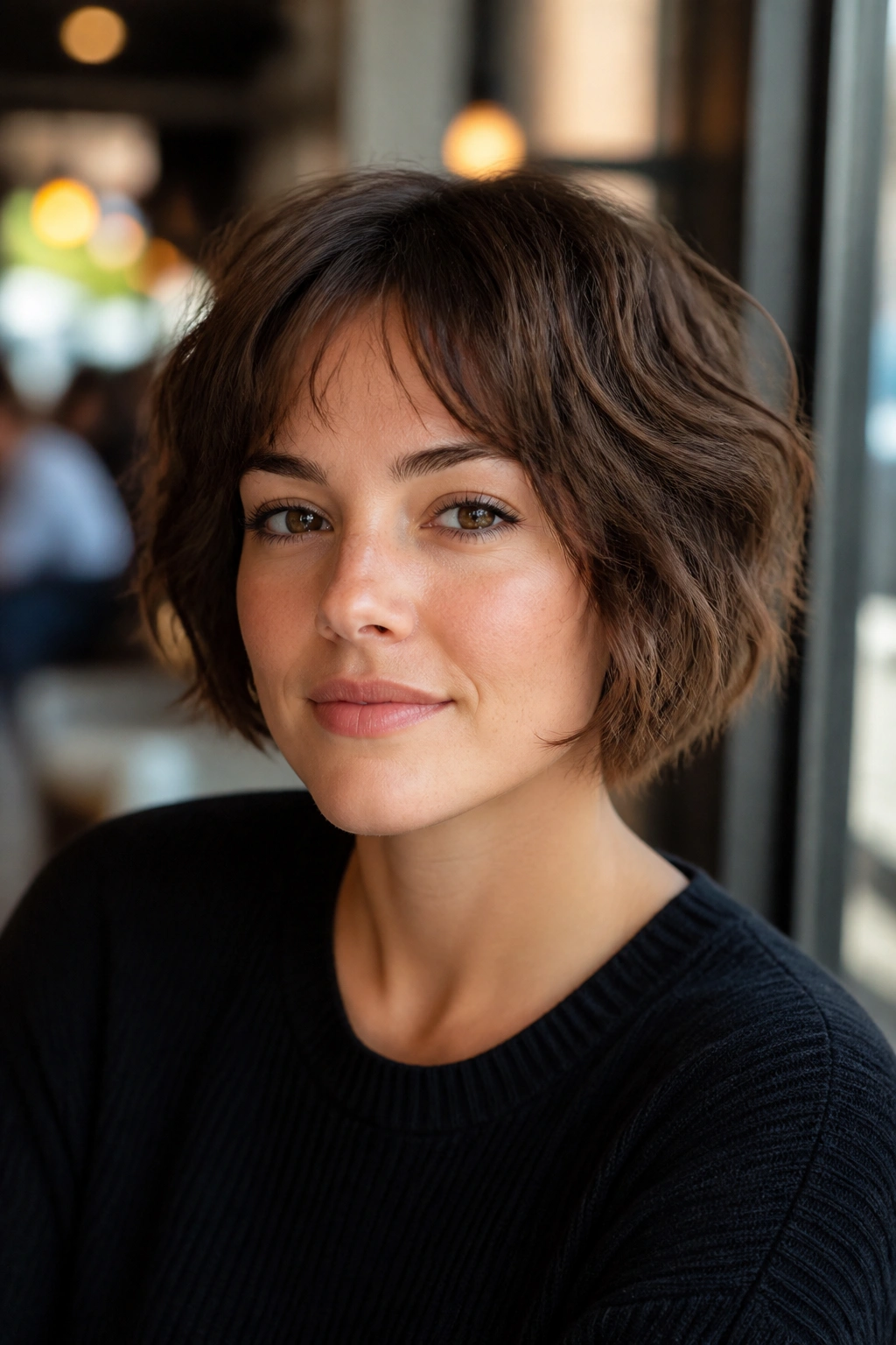 Real woman with textured micro-bob shag under the ears, balanced for a round face.