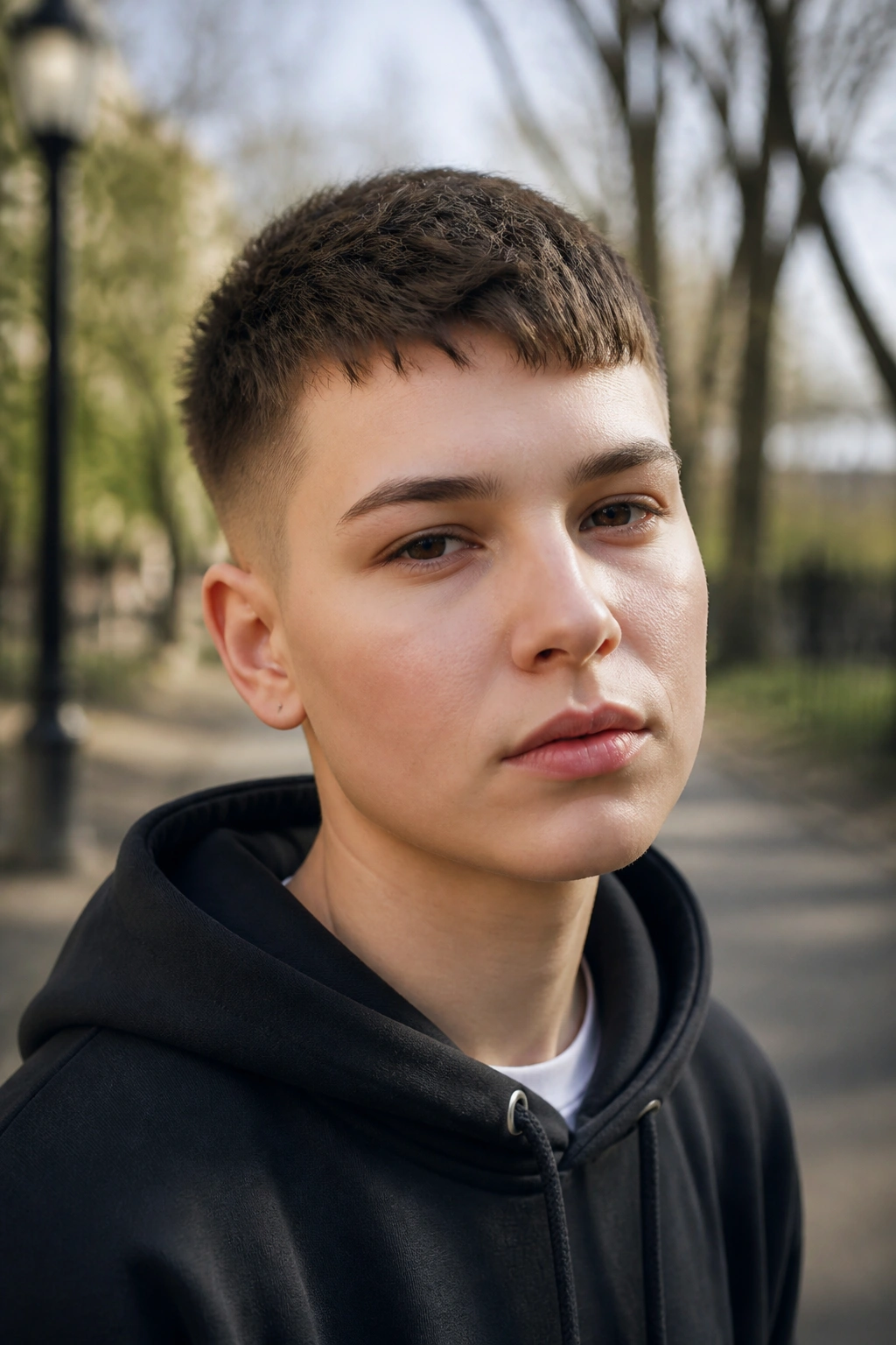 Close-up portrait of a real person with a textured micro crop outdoors