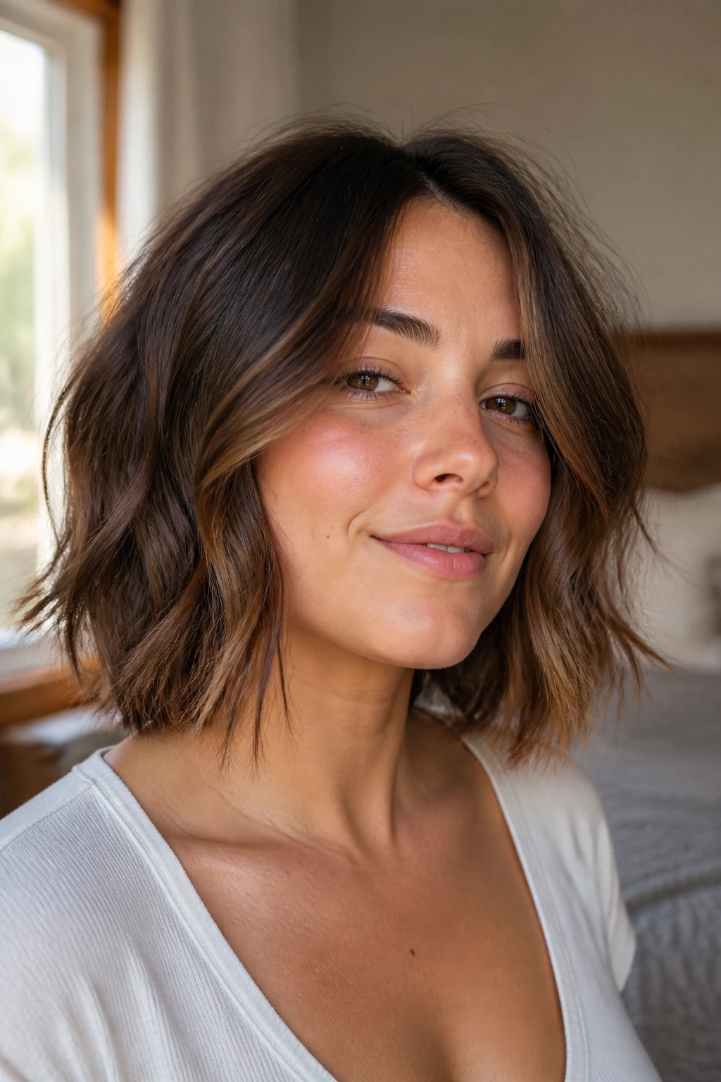 Close-up portrait of a woman with a textured mid-length cut with invisible layers and soft waves