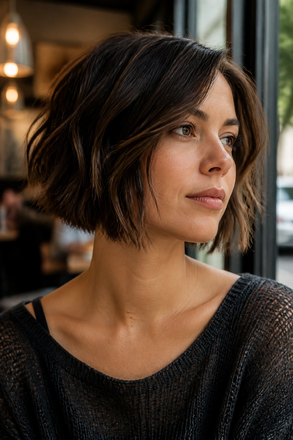 Real woman with textured mocha bob and piecey ends in a cafe window light