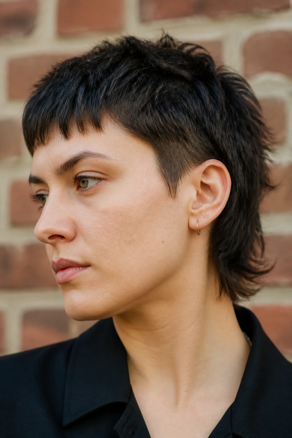 Close-up portrait of a real person with a textured micro mullet against an urban brick wall