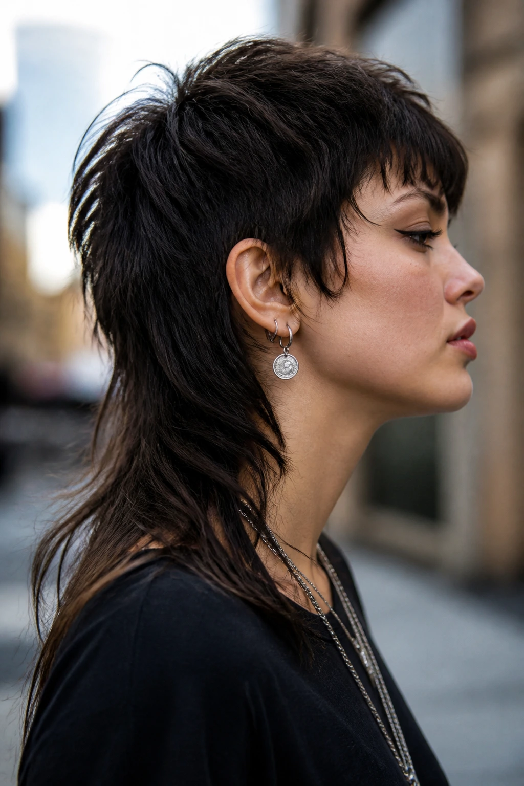 Side-profile of a real person with a textured mullet shag showing short crown and long back.
