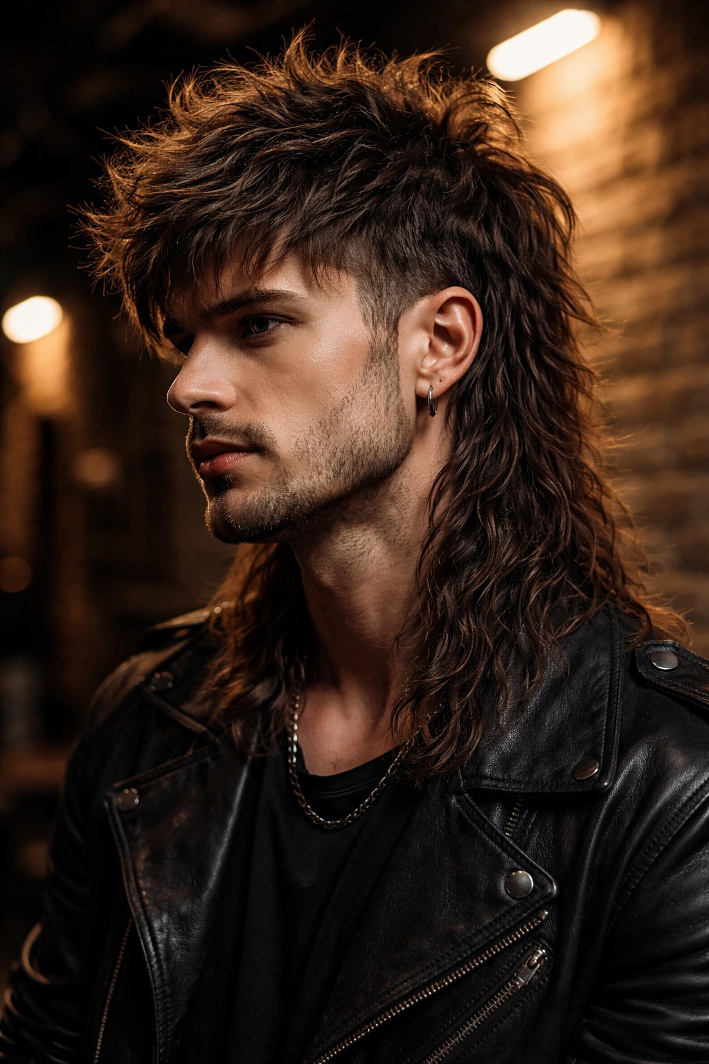 Portrait of man with textured mullet wolf hybrid, cropped top and long back