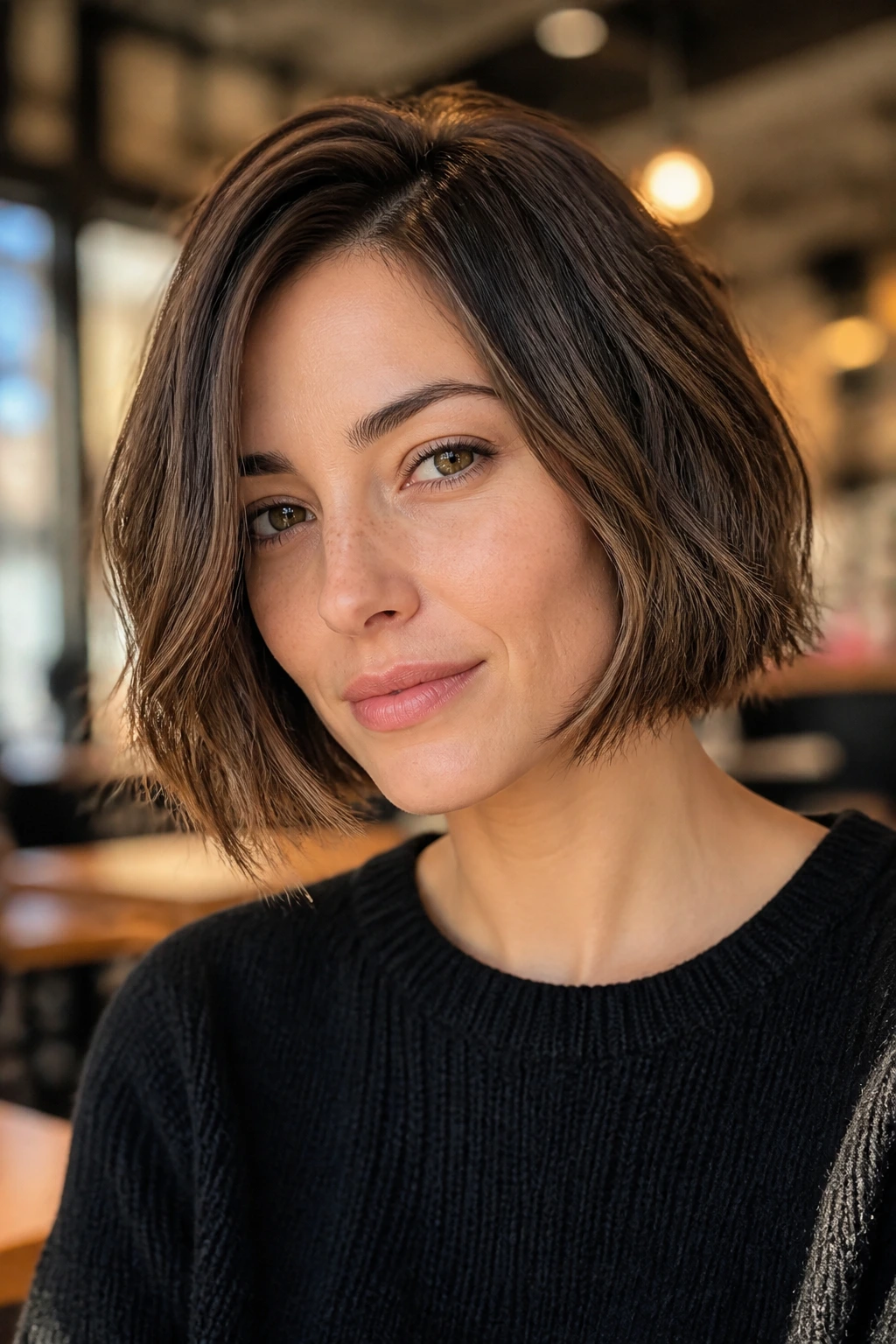 Close-up of Textured Pageboy With a Soft Curve on a real woman in a warm cafe, jaw-length with textured ends.