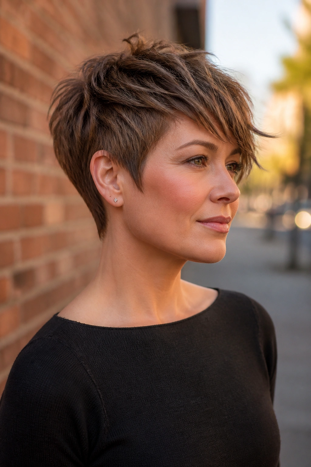 Close-up portrait of a real woman with textured pixie-bob and swept fringe