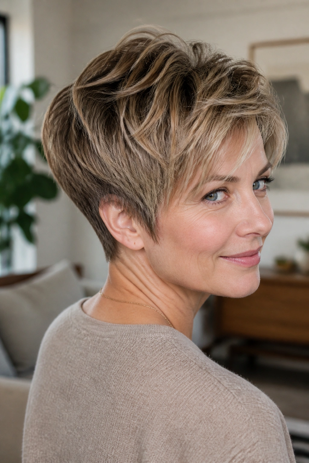 Close-up of a real person with a textured pixie-bob and tapered nape.