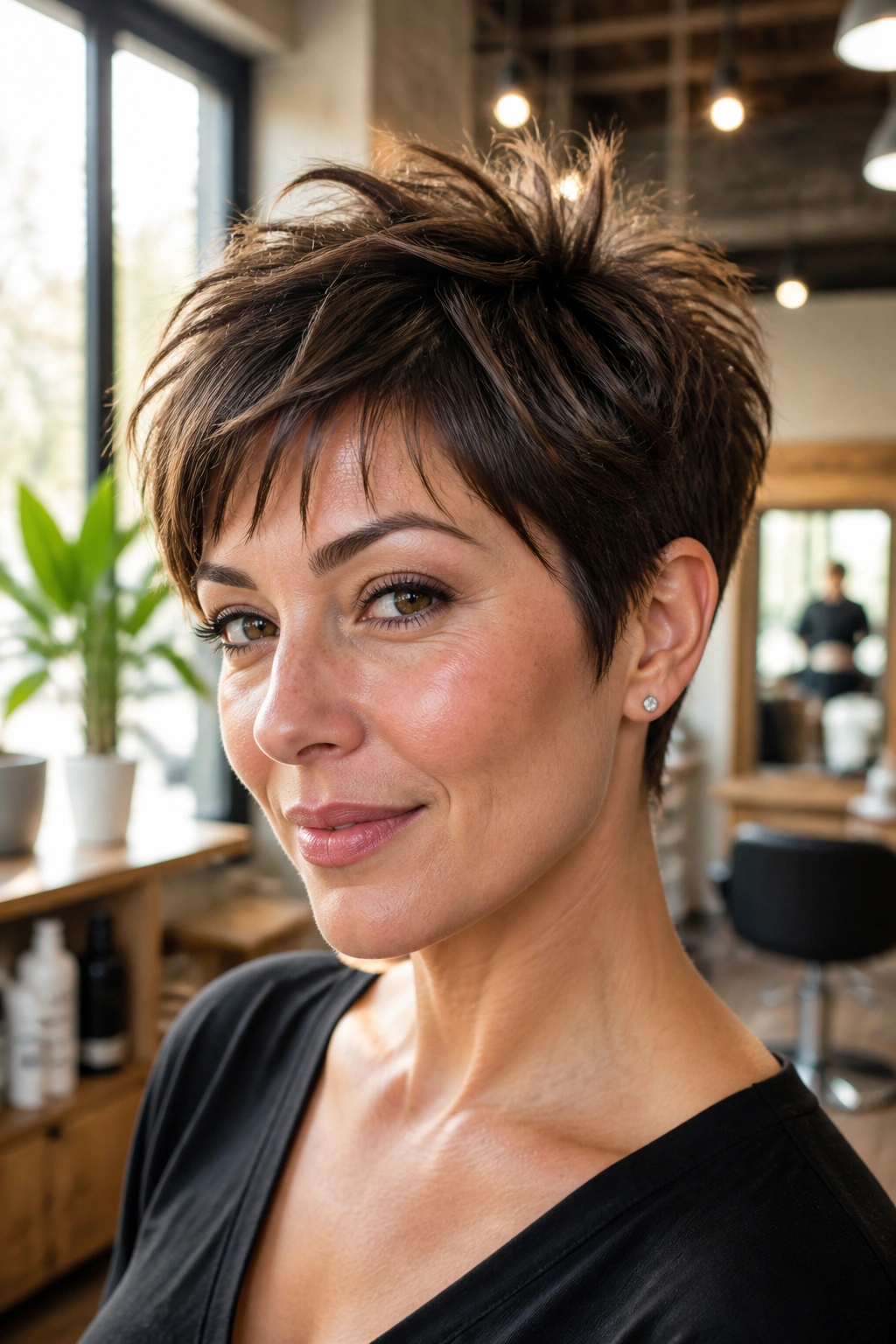 Close-up of a real woman with textured pixie and crown lift under warm sunlit salon light