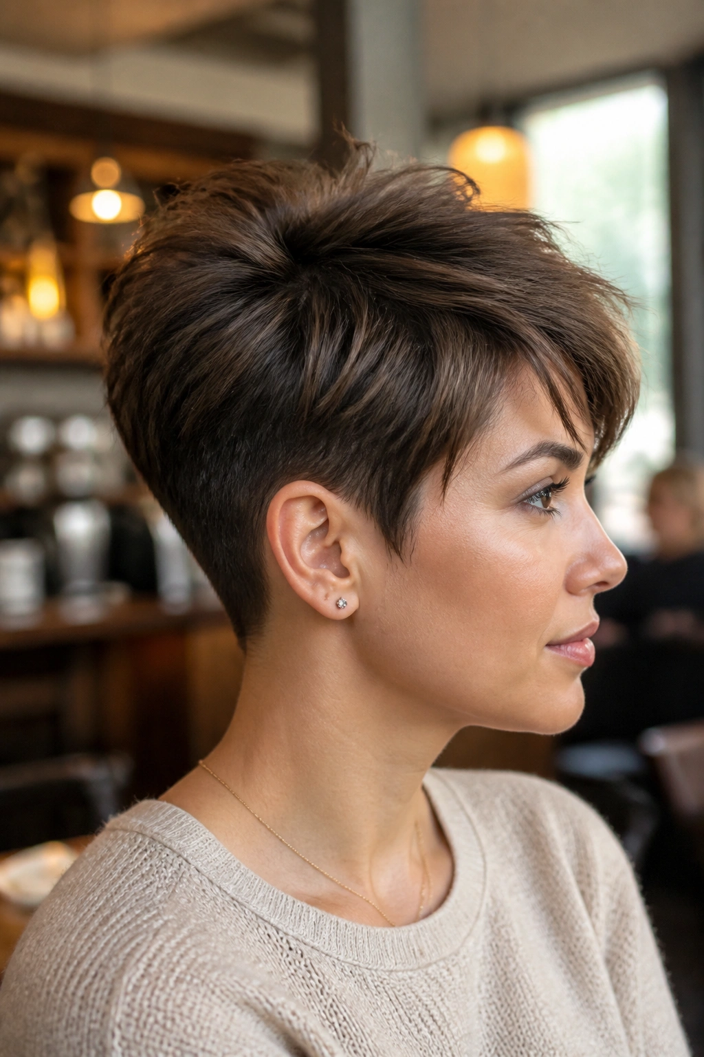 Portrait of a woman with a textured pixie and crown lift hairstyle